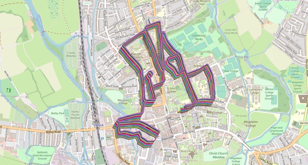 All ground truth optimised radar odometry trajectories plotted on OpenStreetMap (each traversal is offset for
visualisation). <a href='https://goo.gl/maps/igfRqpu8RMv'>View Route in Google Maps</a>